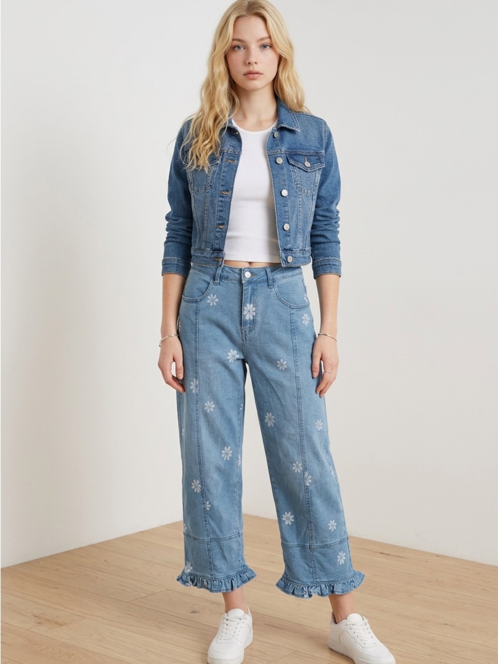 Floral Ruffle Hem Wide-Leg Jeans - Blue